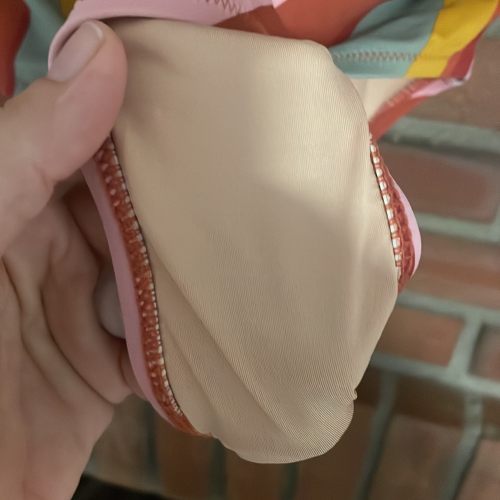 Madewell striped hicut bathing suit small orange teal muted tones one piece - Picture 7 of 11